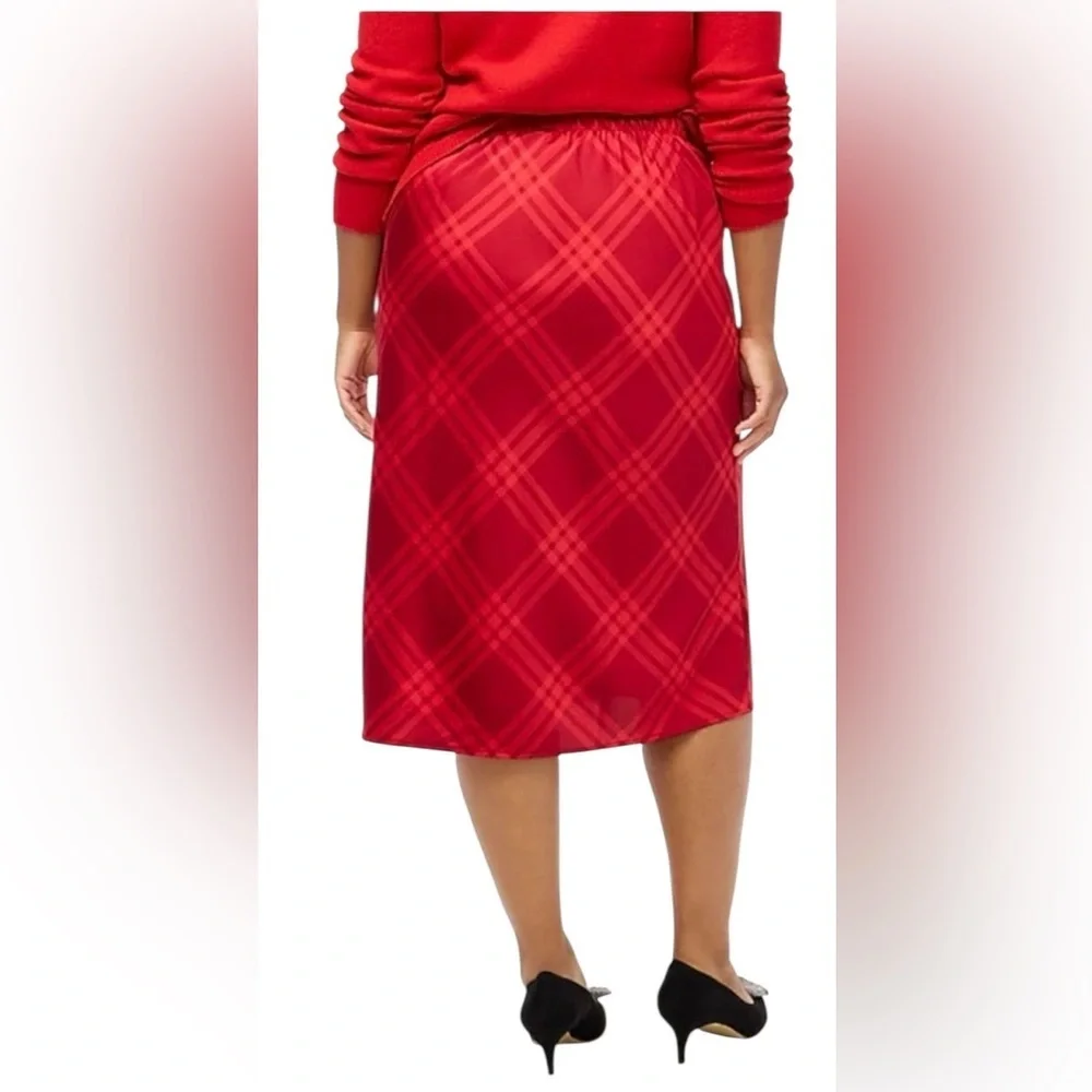 NWT- J.Crew Mid-Rise Bias-Slip Straight Midi Skirt – Red Plaid  - Size Large